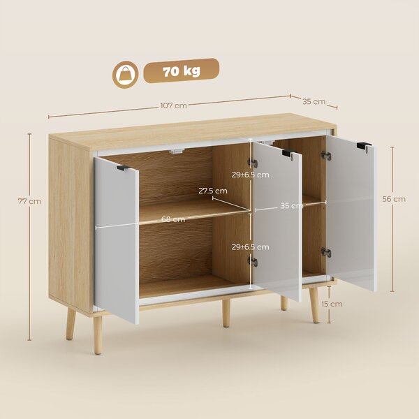 HOMCOM Credenza Moderna a 3 Ante con Ripiano Regolabile, 107x35x77 cm, Bianco Lucido e Rovere | Aosom Italy