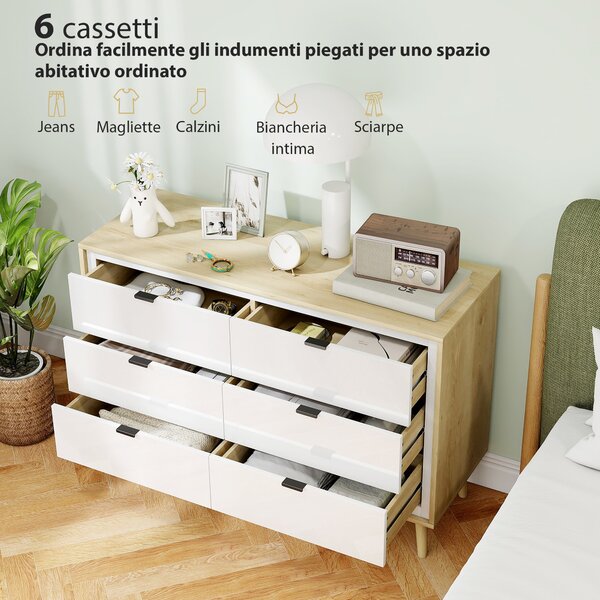 HOMCOM Cassettiera con 6 Cassetti in Legno per Camera da Letto, 110x40x75 cm, Bianco Lucido e Rovere | Aosom Italy