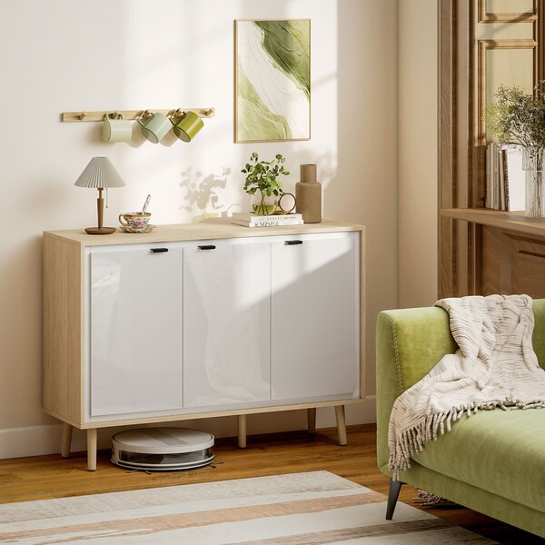 HOMCOM Credenza Moderna a 3 Ante con Ripiano Regolabile, 107x35x77 cm, Bianco Lucido e Rovere | Aosom Italy
