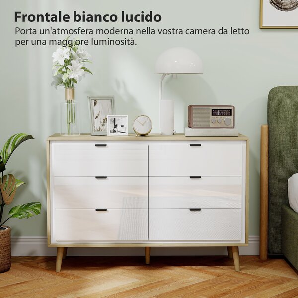 HOMCOM Cassettiera con 6 Cassetti in Legno per Camera da Letto, 110x40x75 cm, Bianco Lucido e Rovere | Aosom Italy