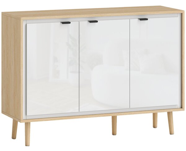 HOMCOM Credenza Moderna a 3 Ante con Ripiano Regolabile, 107x35x77 cm, Bianco Lucido e Rovere | Aosom Italy