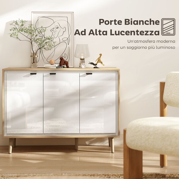 HOMCOM Credenza Moderna a 3 Ante con Ripiano Regolabile, 107x35x77 cm, Bianco Lucido e Rovere | Aosom Italy