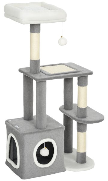 Albero Tiragraffi per Gatti con Casetta e 2 Palline 55x40x107cm Grigio e Bianco