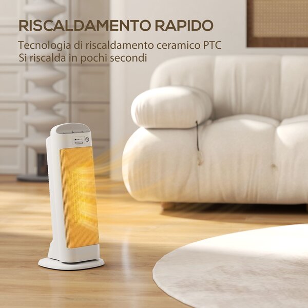 HOMCOM Stufa Elettrica Ceramica 2000W, 4 Modalità e Riscaldamento Regolabile, Oscillazione a 55°, Bianco | Aosom Italy