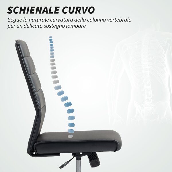 HOMCOM Sedia da Ufficio Ergonomica e Regolabile con Schienale Ricurvo, in Pelle PU e Acciaio, 58x53x97-107 cm, Nero | Aosom Italy
