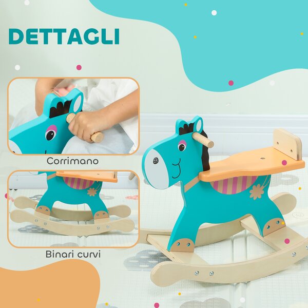 AIYAPLAY Cavallo a Dondolo a Forma di Asino per Bambini con Base Larga, in Legno, 59x27x43 cm, Verde Scuro e Arancione | Aosom Italy