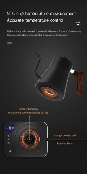 Candele elettriche per acqua con collo in acciaio inossidabile, regolazione precisa della temperatura, funzionamento molto silenzioso, spegnimento automatico, adatte per caffè e tè, temperatura regolabile - nero