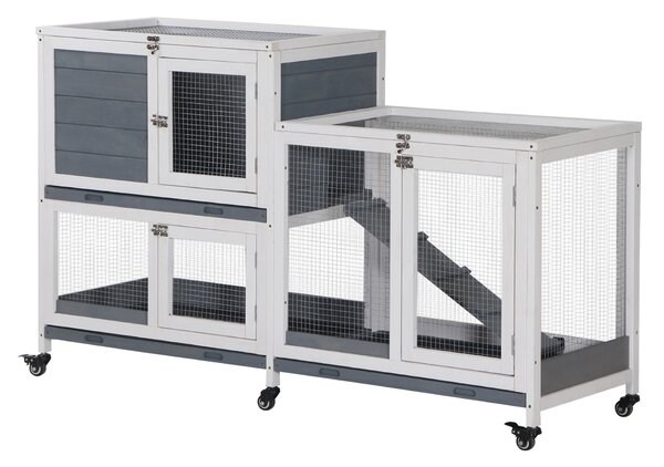 PawHut Recinto interno per conigli in legno con ruote 2 piani rampe - dim. 147L x 45,5l x 88,5H cm - grigio e bianco