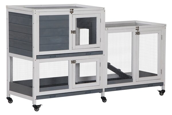PawHut Recinto interno per conigli in legno con ruote 2 piani rampe - dim. 147L x 45,5l x 88,5H cm - grigio e bianco