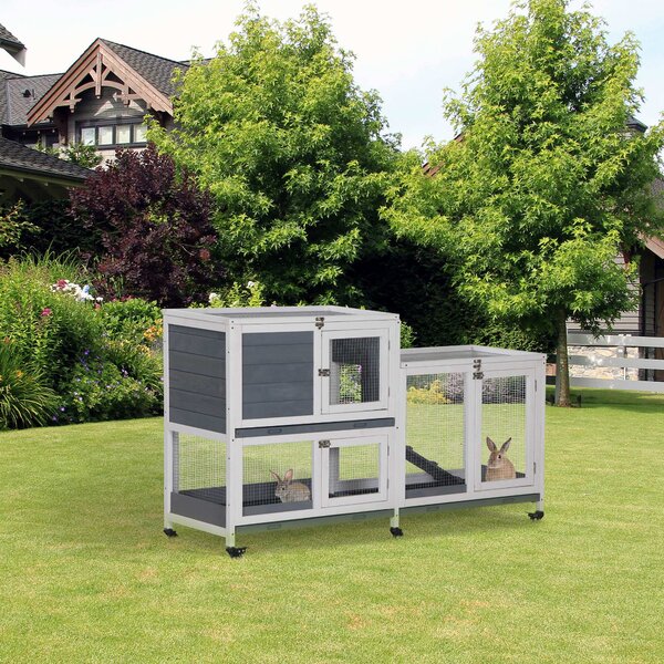 PawHut Recinto interno per conigli in legno con ruote 2 piani rampe - dim. 147L x 45,5l x 88,5H cm - grigio e bianco