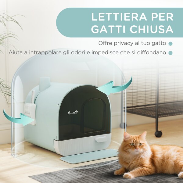 PawHut Lettiera per Gatti Chiusa con Filtri, Paletta e Vassoio Removibile, Struttura in PP, 43x44x47cm, Verde|Aosom
