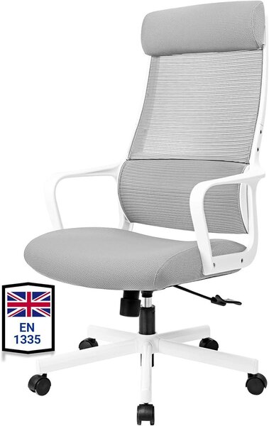 Sedia da ufficio ergonomica, design elegante, colore grigio. Dotata di supporto lombare ergonomico e poggiatesta regolabile, seduta confortevole e tessuto traspirante