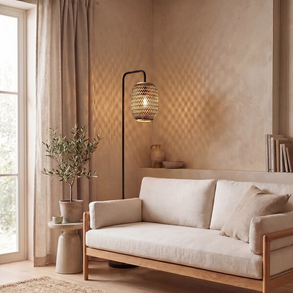 Lampada da terra orientale in bambù con nero - Yvonne