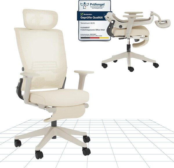 Sedia da ufficio Foldex: sedia pieghevole, ergonomica, con supporto lombare, braccioli regolabili in altezza, poggiatesta 2D e poggiapiedi