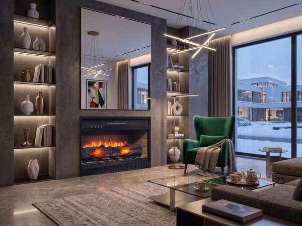 Camino elettrico da incasso - Potenza riscaldante: 1800 W - Dimensioni: 61,1 x 45 x 20,3 cm - Acciaio inossidabile e vetro temperato - Riscaldamento d'atmosfera