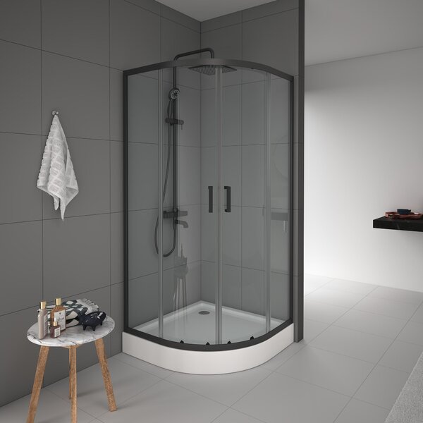 Cabina doccia 90x90 Marwell vetro doccia Factory rotonda, nero, 90 x 90 x 200 cm - Cabina doccia con telaio in alluminio nero opaco - Cabina doccia con porta scorrevole