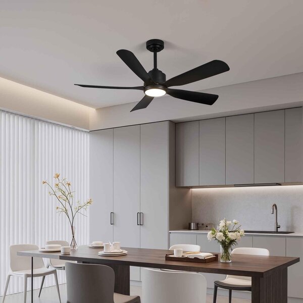 Ventilatore da soffitto ZELURXX con LED, 132 cm (52 pollici), 5 pale, tutto nero, in ABS, reversibile, controllabile tramite app, dimmerabile, silenzioso, a risparmio energetico, per estate e inverno