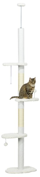 Albero Tiragraffi per Gatti a Soffitto 48x32x225-255 cm Pali con Corda in Cotone Bianco