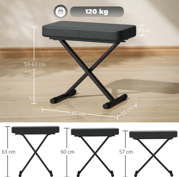 HOMCOM Sgabello per Pianoforte Pieghevole e Regolabile su 4 Altezze, in Pelle PU, Schiuma e Metallo, 60x32x53-63 cm, Nero