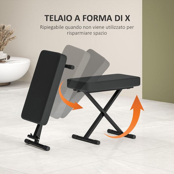 HOMCOM Sgabello per Pianoforte Pieghevole e Regolabile su 4 Altezze, in Pelle PU, Schiuma e Metallo, 60x32x53-63 cm, Nero