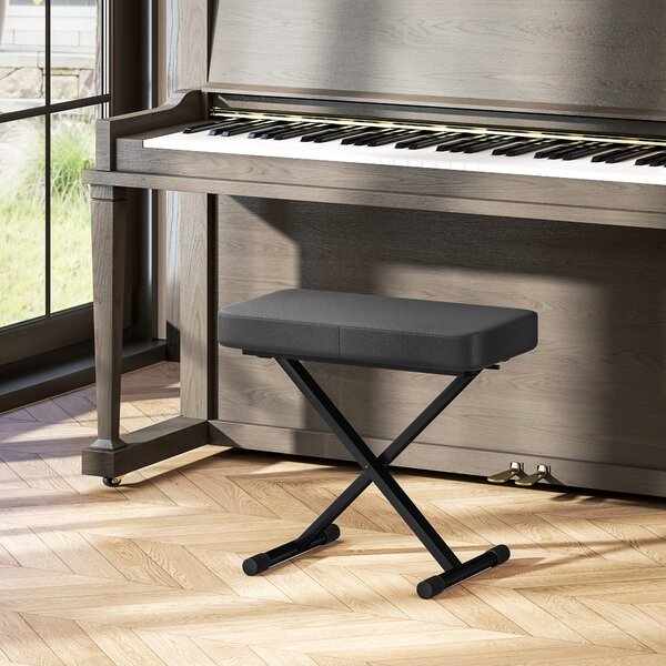 HOMCOM Sgabello per Pianoforte Pieghevole e Regolabile su 4 Altezze, in Pelle PU, Schiuma e Metallo, 60x32x53-63 cm, Nero