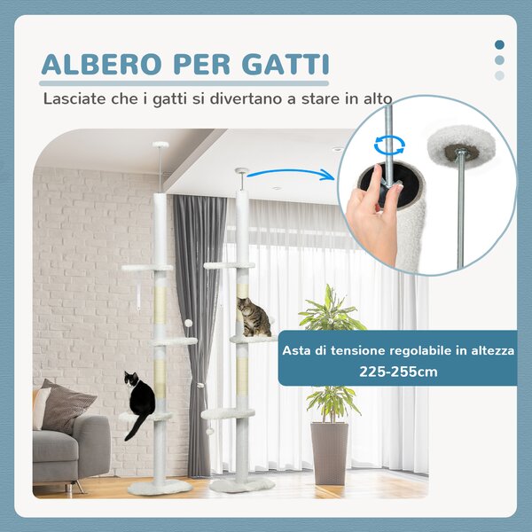 PawHut Albero per Gatti a Soffitto con Altezza Regolabile e Pali Tiragraffi in Cotone, 48x32x225-255 cm, Bianco