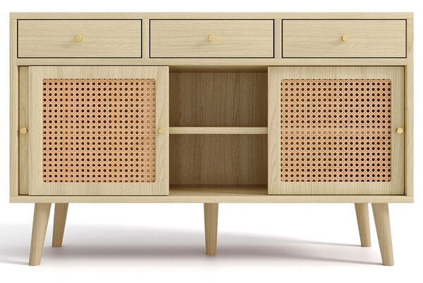 Credenza in rattan, con 3 cassetti e 3 ante scorrevoli, adatto a cucine e soggiorni, 120×40×78 cm, Colore naturale