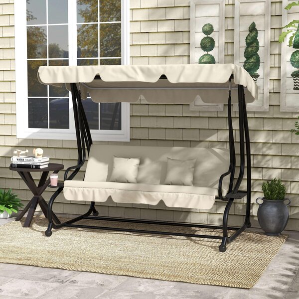 Outsunny Dondolo Letto da Giardino con Tettuccio Regolabile e Vassoi, in Acciaio e Teslin, 200x120x164 cm, Crema