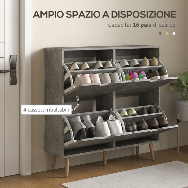 HOMCOM Mobile Scarpiera con 4 Cassetti Ribaltabili a 2 Livelli per 16 Paia, in Legno, 95x26x95 cm, Grigio