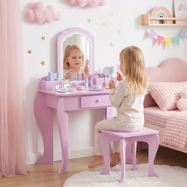 ZONEKIZ Set Toeletta per Bambina con Specchio Trucco e Sgabello Abbinato in Legno, Cassetto e Contenitori, Rosa | Aosom Italy