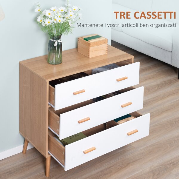 HOMCOM Cassettiera 3 Cassetti Moderno Rialzata in Legno, per Soggiorno e Camera da Letto, 80x39x80 cm, Bianco e color Legno|Aosom Italy