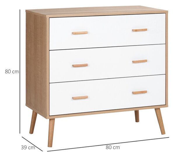 HOMCOM Cassettiera 3 Cassetti Moderno Rialzata in Legno, per Soggiorno e Camera da Letto, 80x39x80 cm, Bianco e color Legno|Aosom Italy