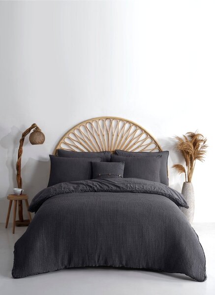 Set copripiumino e federa color antracite in cotone renforcé per letto singolo 140x200 cm Waffle Striped – Mila Home Luxury