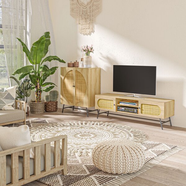 HOMCOM Mobile Porta TV fino 60" in Legno e Rattan Stile Boho con 2 Armadietti, 50x39x48.3cm, Naturale|Aosom