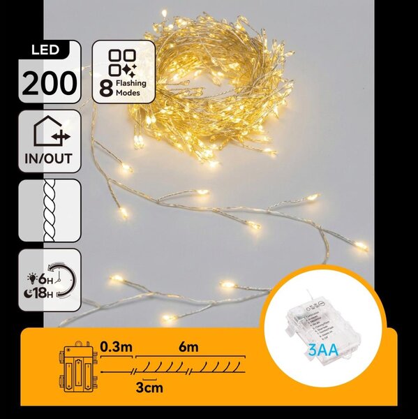 Aigostar - Catena luminosa natalizia a LED per esterni 200xLED/8 funzioni 3xAA 6,3m IP44 bianco caldo