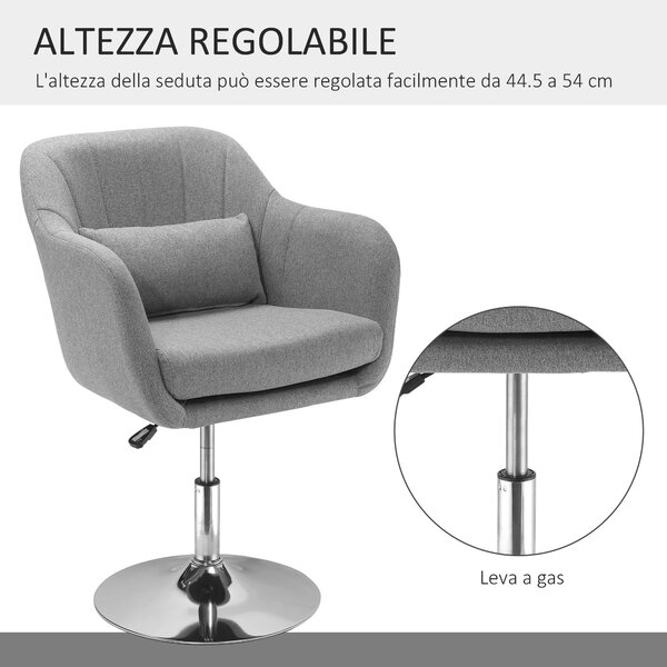 HOMCOM Sedia Girevole a 360° ad Altezza Regolabile, con Cuscino, Supporto Lombare e Bracciolo, 60x60x79-91 cm, Grigio|Aosom