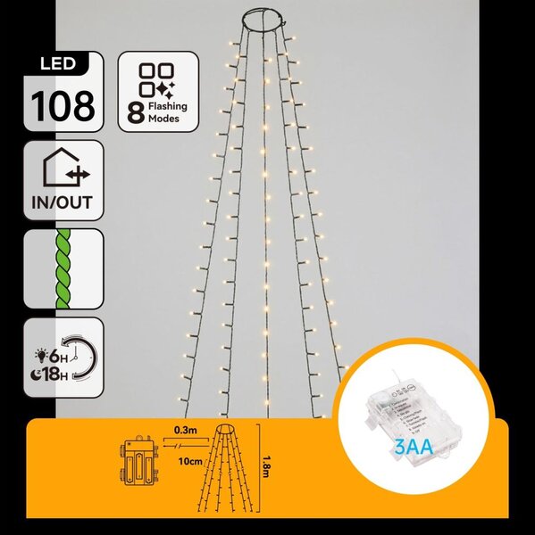 Aigostar - Catena luminosa natalizia per esterni, 108 LED / 8 funzioni, 3x AA, 1,8 m, IP44, bianco caldo