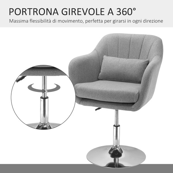 HOMCOM Sedia Girevole a 360° ad Altezza Regolabile, con Cuscino, Supporto Lombare e Bracciolo, 60x60x79-91 cm, Grigio|Aosom