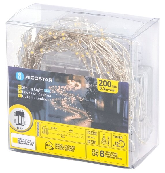 Aigostar - Catena luminosa natalizia a LED per esterni 200xLED/8 funzioni 3xAA 6,3m IP44 bianco caldo