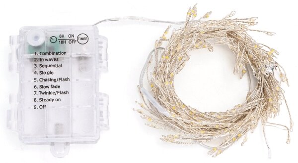 Aigostar - Catena luminosa natalizia a LED per esterni 200xLED/8 funzioni 3xAA 6,3m IP44 bianco caldo