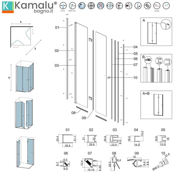 Kamalu box doccia 90x70 cm doppia apertura a libro modello ks7000