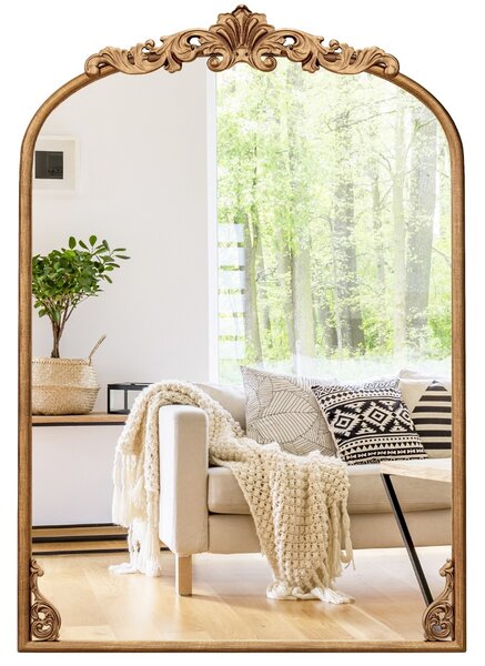 Costway Specchio da parete ad arco barocco ornato con cornice in metallo, Specchio da parete vintage ed antico 95 x 66 cm