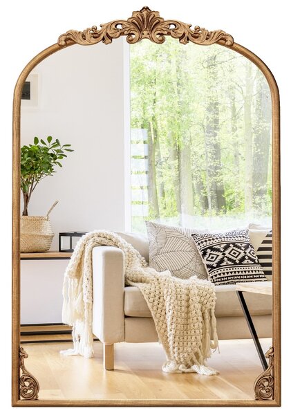 Costway Specchio da parete ad arco barocco ornato con cornice in metallo, Specchio da parete vintage ed antico 90 x 61 cm