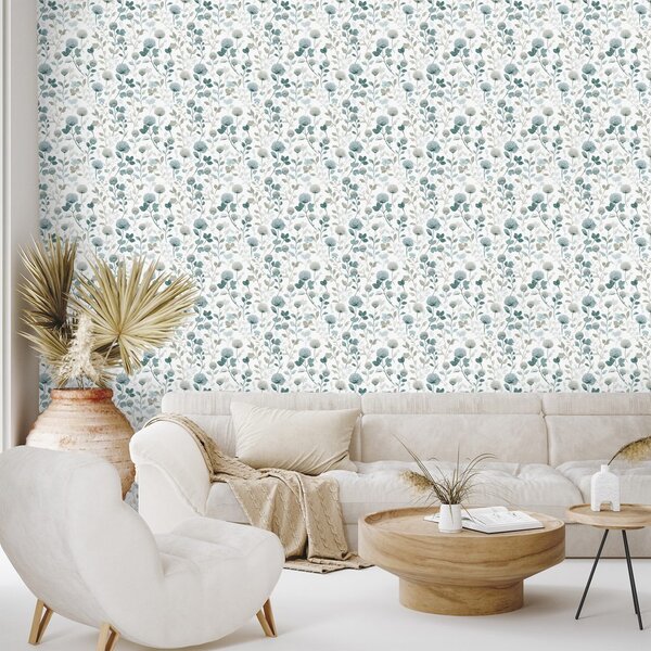 Carta da parati – Delicati fiori blu con foglie