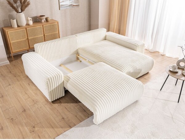 Divano angolare con penisola a destra color crema e rivestimento in velluto a coste allungabile e con contenitore Sarina – Ropez