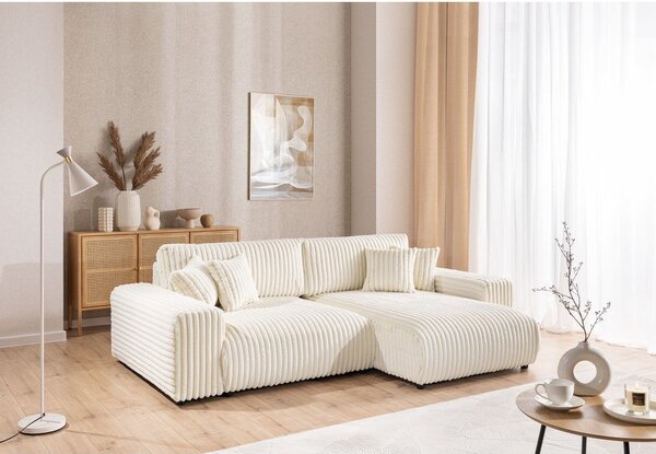 Divano angolare con penisola a destra color crema e rivestimento in velluto a coste allungabile e con contenitore Sarina – Ropez
