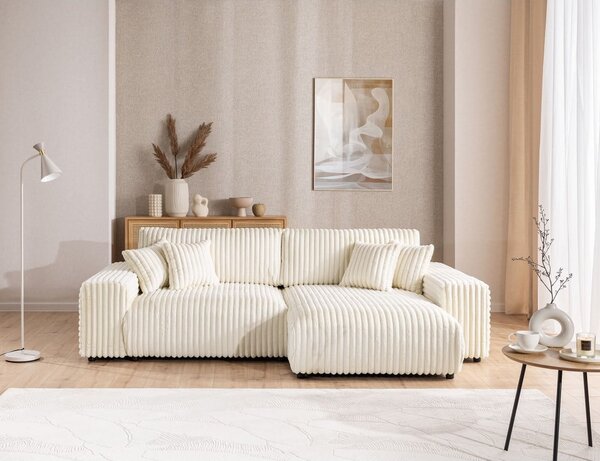 Divano angolare con penisola a destra color crema e rivestimento in velluto a coste allungabile e con contenitore Sarina – Ropez