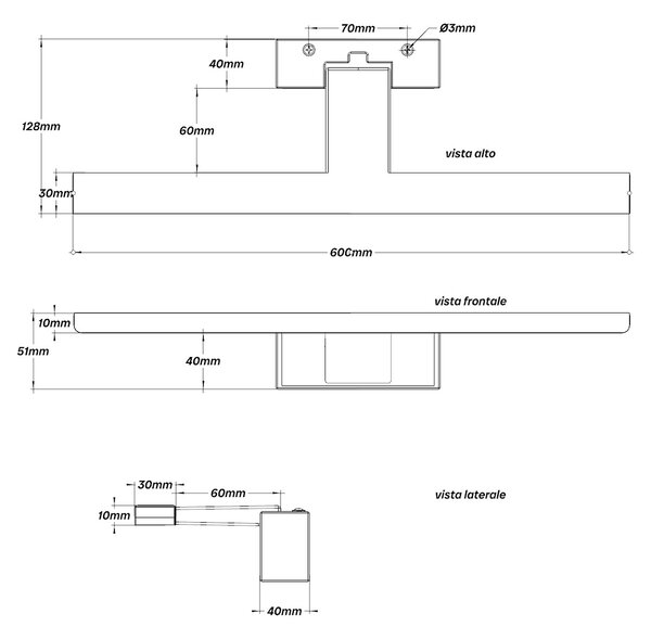 Lampada LED da Specchio 60cm Nera 12W IP54 Tripla Installazione Colore Bianco Caldo 3.000K