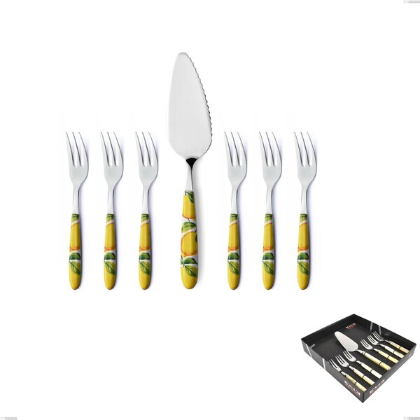 Confezione vetrina 7 pezzi, forchettine pi� paletta dolce Vero Sorrento, acciaio 18.0 nickel free, manicatura pbt sublimato acciaio lucido