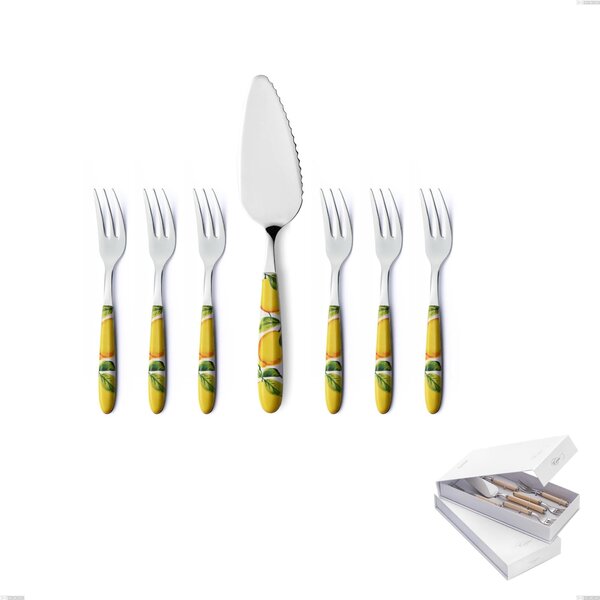 Confezione a libro 7 pezzi, forchettine pi� paletta dolce Vero Sorrento, acciaio 18.0 nickel free, manicatura pbt sublimato acciaio lucido
